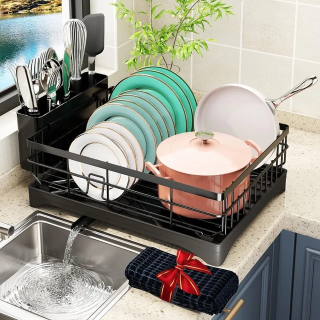 Dish Drying Rack for Kitchen Counter, Compact Dish Drainer with Drainboard,  Utensil Holder and Cup Rack, Black - AliExpress