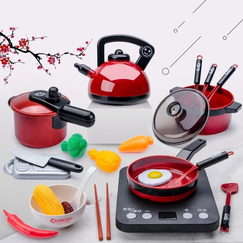 Children Kitchen Cookware Pretend Play Set Fruit Food Toys Simulation Kitchen Pot Pan Kids Toys For Girls Doll Food Red