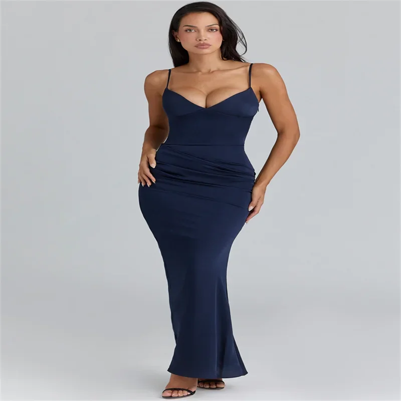 Sexy Maxikleid mit Schleifen für Damen, V-Ausschnitt, Rückenfreies Ärmelloses Kleid mit Geraffter Taille, Meerjungfrauenkleid für Frühling, Abend und Partys – Detail 7