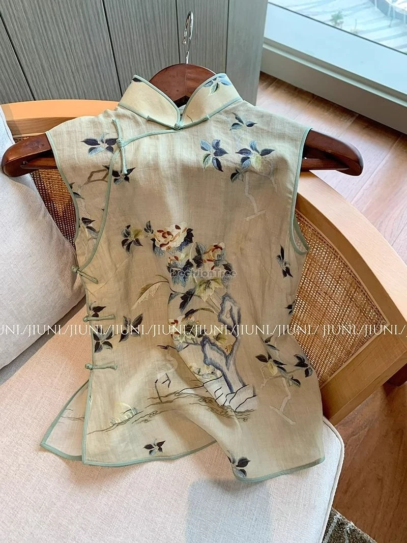 Women Cheongsam Waistcoat Chinese Retro Plate Buckle Sleeveless Summer Vintage National Style