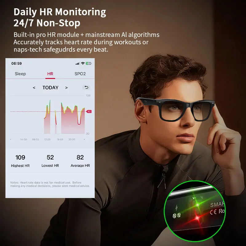 AI Smart Glasses UV Protection Translation Sunglasses Sport Music Eyeglass Heart Rate Body Temperature Monitor Bluetooth Glasses