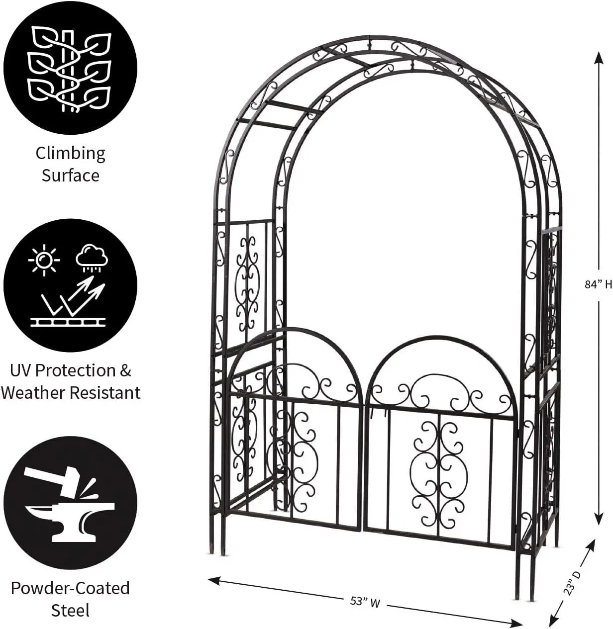Arch Metal Outdoor Garden Arbor Double Gate | Montebello | 84" H x 53" W x 23" D | Gunmetal Black 2