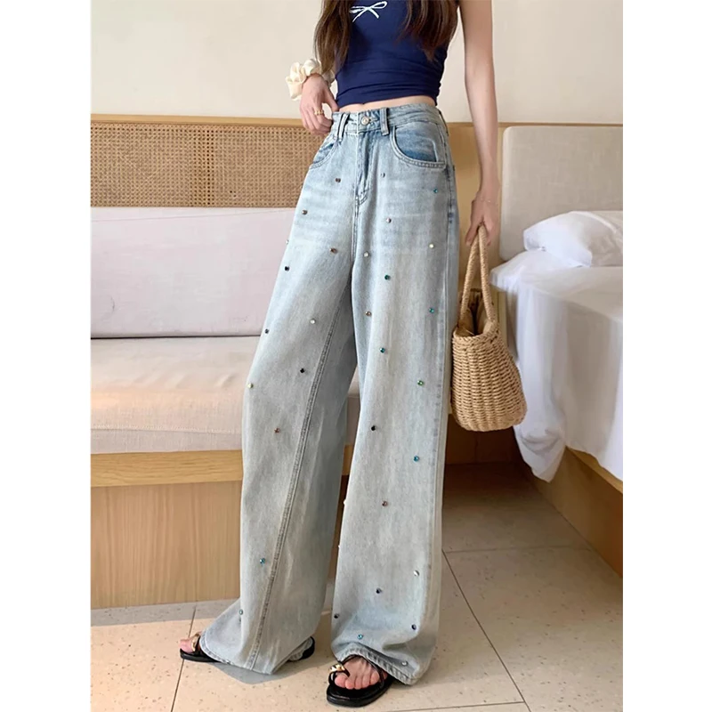 

2024 New Women Blue Diamonds Jeans Baggy Harajuku Aesthetic Denim Trousers Loose Wide Jean Pants Vintage Chic 2000s Y2k Clothes