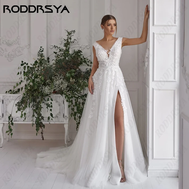 

RODDRSYA Elegant A-Line Wedding Dress for Woman Sexy V-Neck High Split Bridal Gown Backless Bride Party Vestido Novia Boda Civil