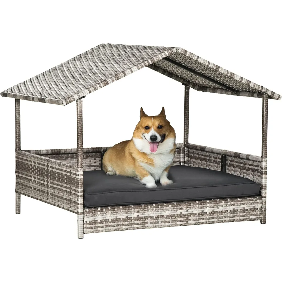 Outdoor Wicker Dog House with Canopy and Cushion