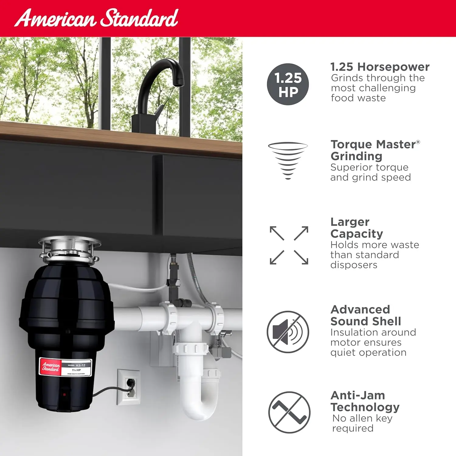 Standard 10-US-AS-12 Garbage Disposer, 1.25 HP, Disposal with Power Cord 2