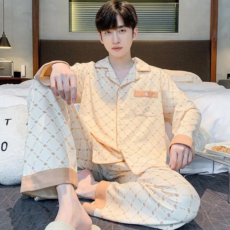 Spring Autumn 2024 New Cotton Long Sleeve Pajamas Cartoon Thin Nightdress Men's Loose Casual Nightgown Lapel Print Home Wear Set