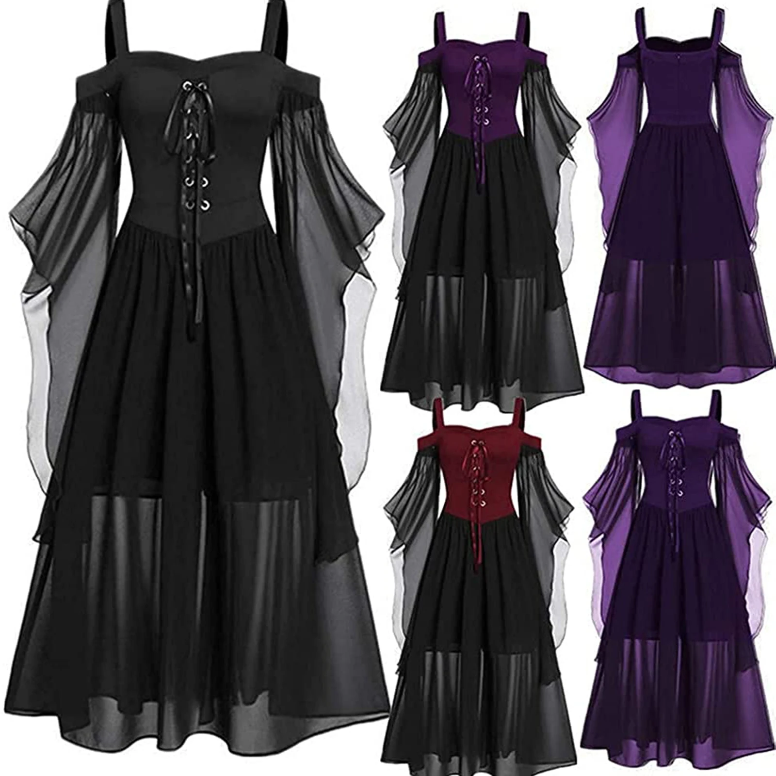 

Halloween Women's Witch Cosplay Costumes Gothic Off Shoulder Lace-up Bandage Mesh Sheer A-line Long Cami Dress Party Wear