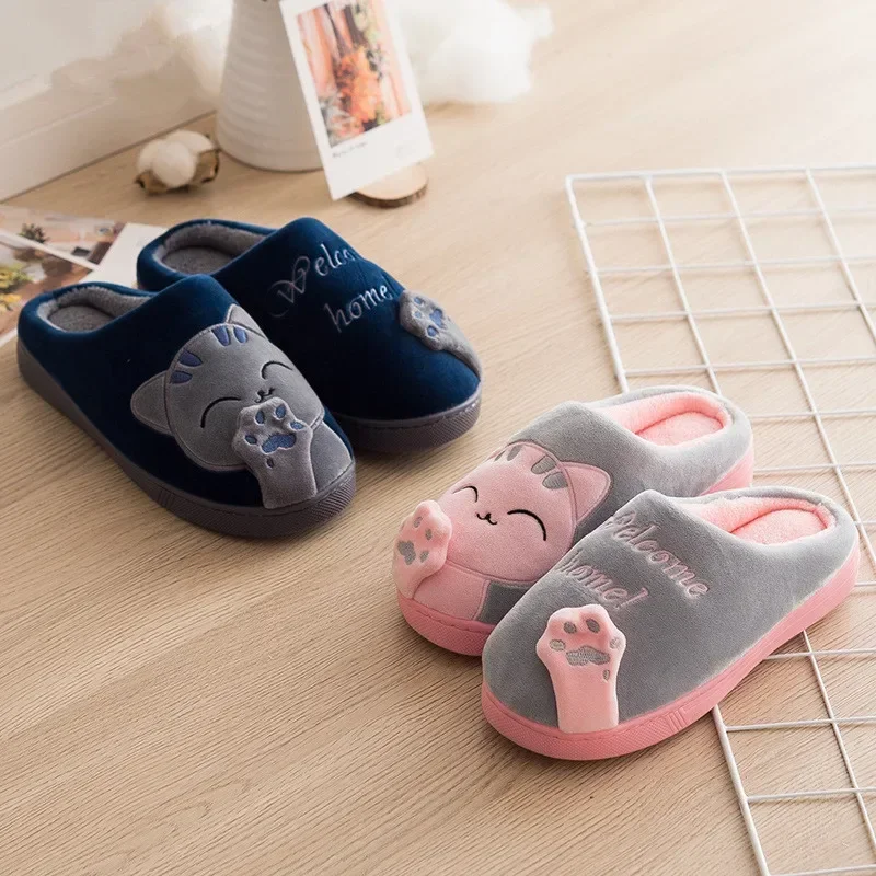 Cute Cartoon Cat Slippers Women Winter Warm Home Shoes Men Cozy Plush Slides Indoor Bedroom Non-Slip Floor Slipper Couple Shoes