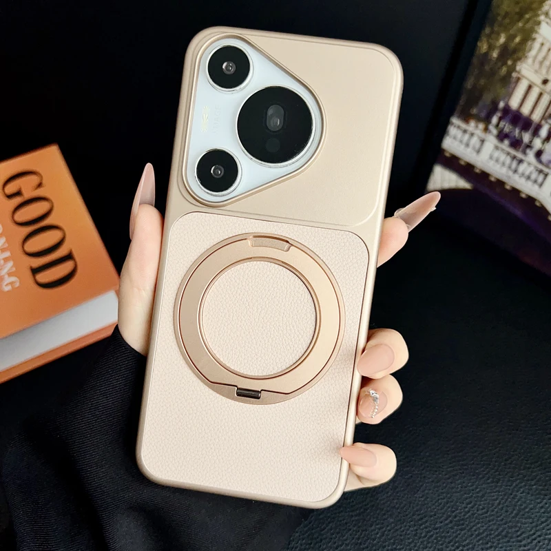 Fashion Magnetic Lychee Texture PU Leather Ultra Thin 360° Rotation Ring Stand Phone Case
