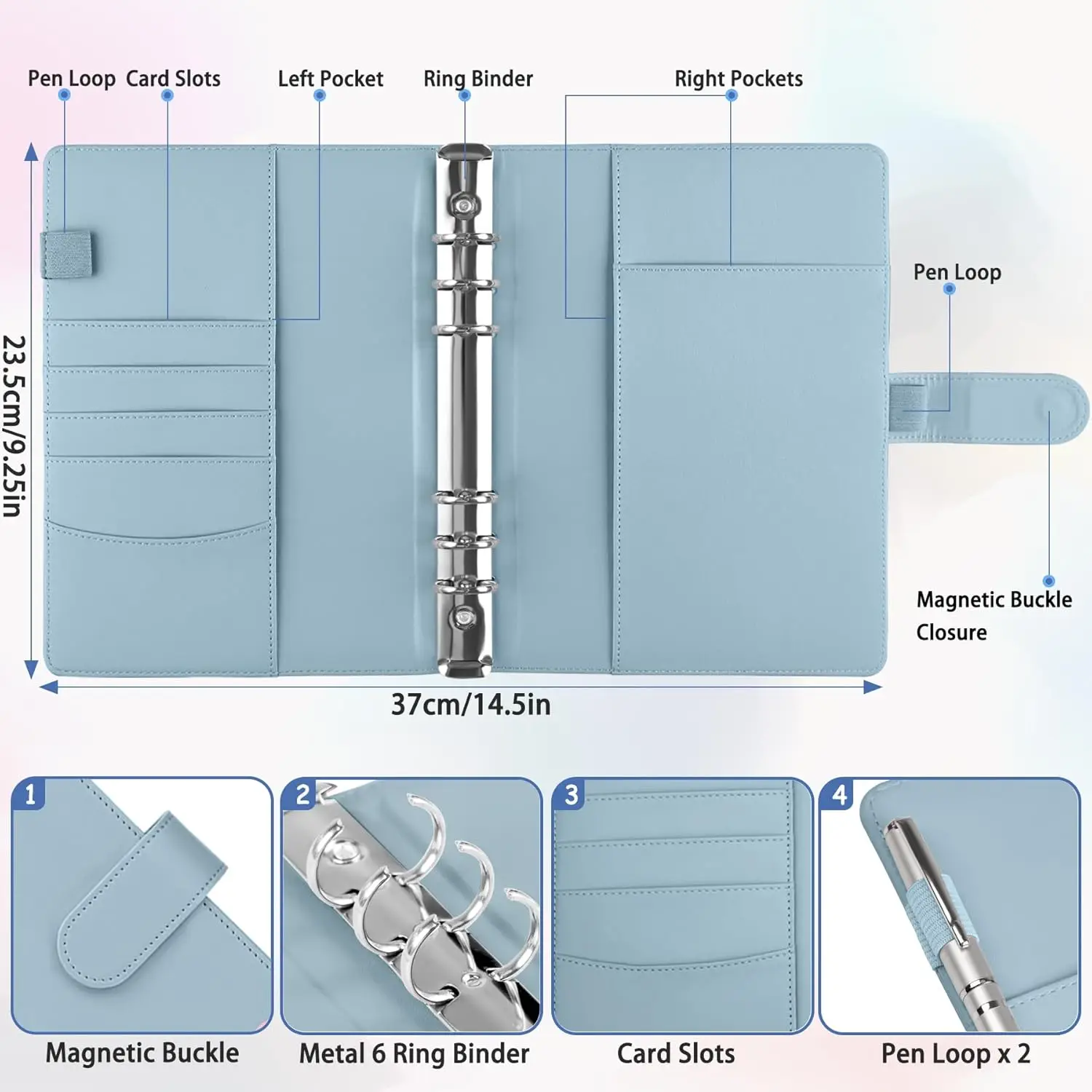 Compact PU Leather Binder Wallet with Magnetic Closure, Refillable 6-Ring Planner Cover