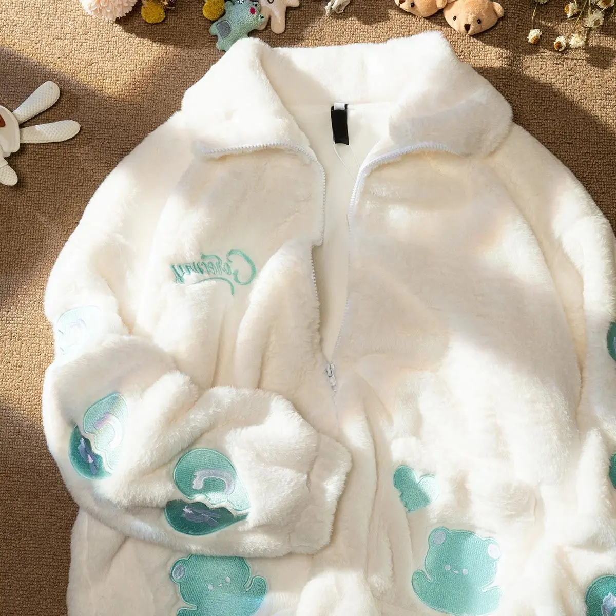 

Warmly Fuzzy Cartoon Print Jackets For Women 2022 Winter Y2K White Lambswool Coat Hooded Cotton-padded Jacket Thick Outerwear