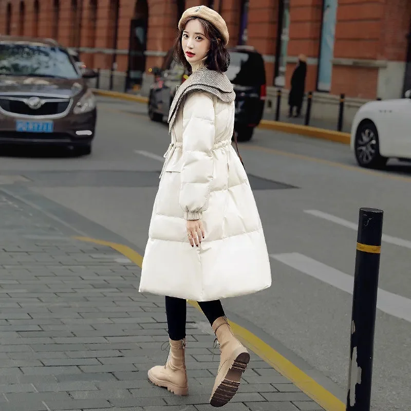 2023 New Popular Doll Large Polo Neck Temperament Waist Wrapped Down Coat Women Mid length Over Knee White Duck Down Coat Trend