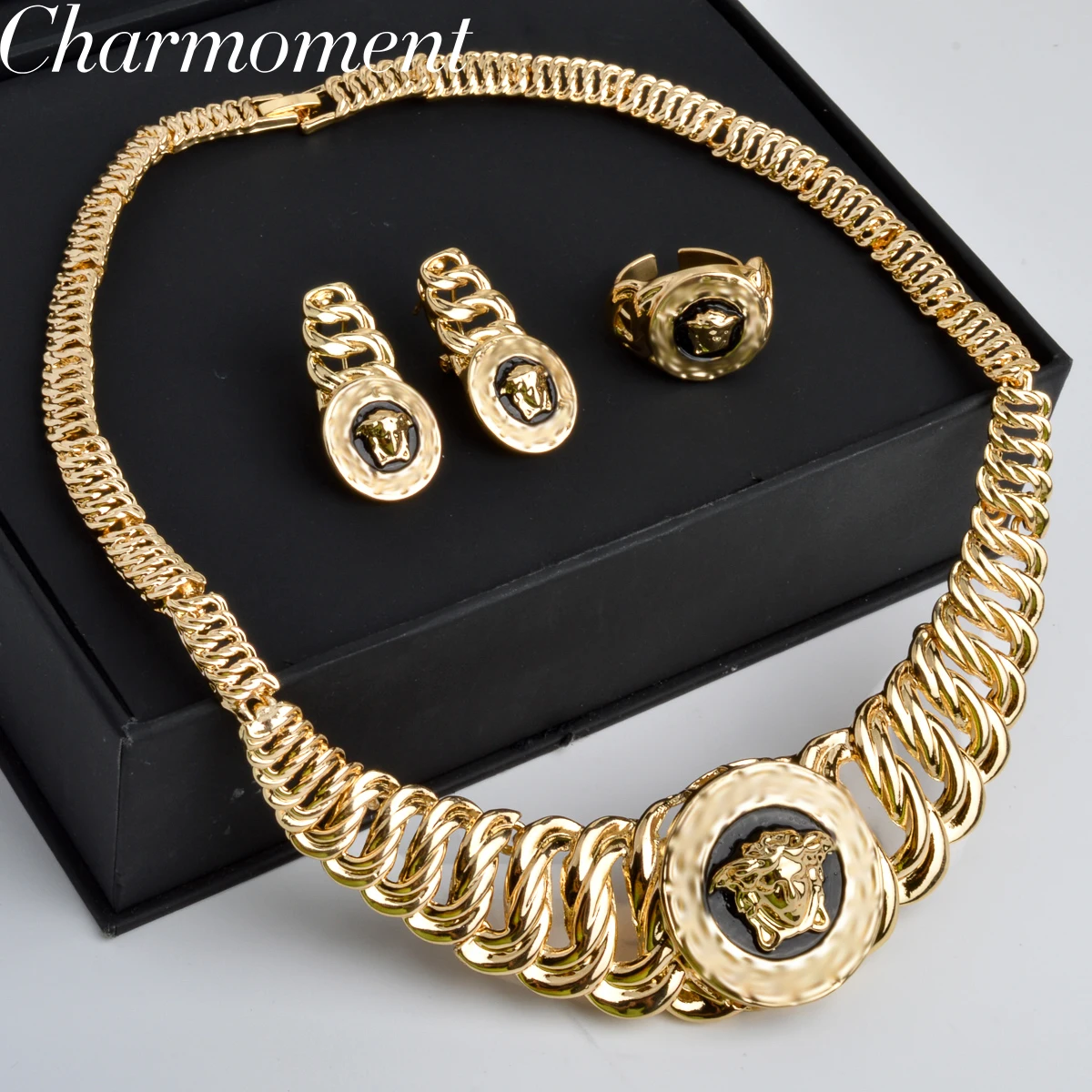 

Dubai Luxury Jewelry Set for Women 18K Gold Plated Necklace Bracelet Ring Earrings Black Enamel Classic Daily Wear Party Gift