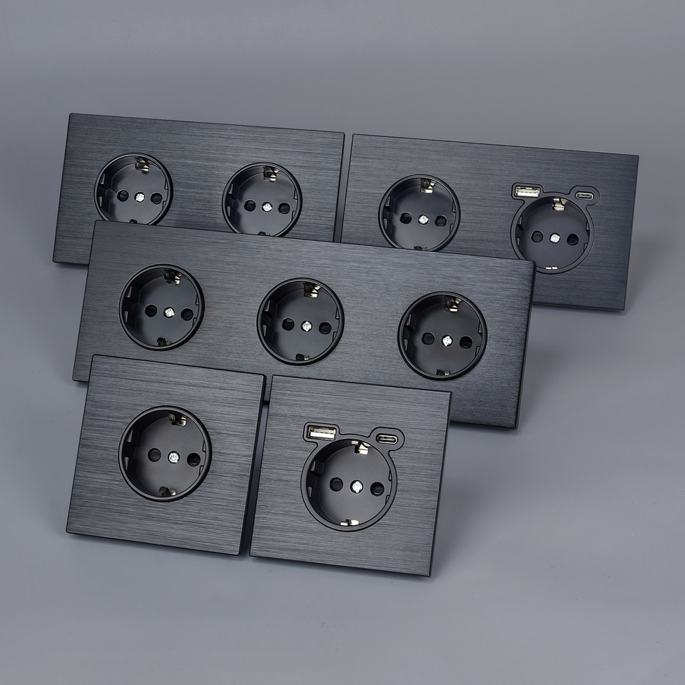 SRAN Eu Electrical Outlets 82/153/224*82mm Black Aluminum Alloy Panel, 16A Usb wall socket Type-c Home Office