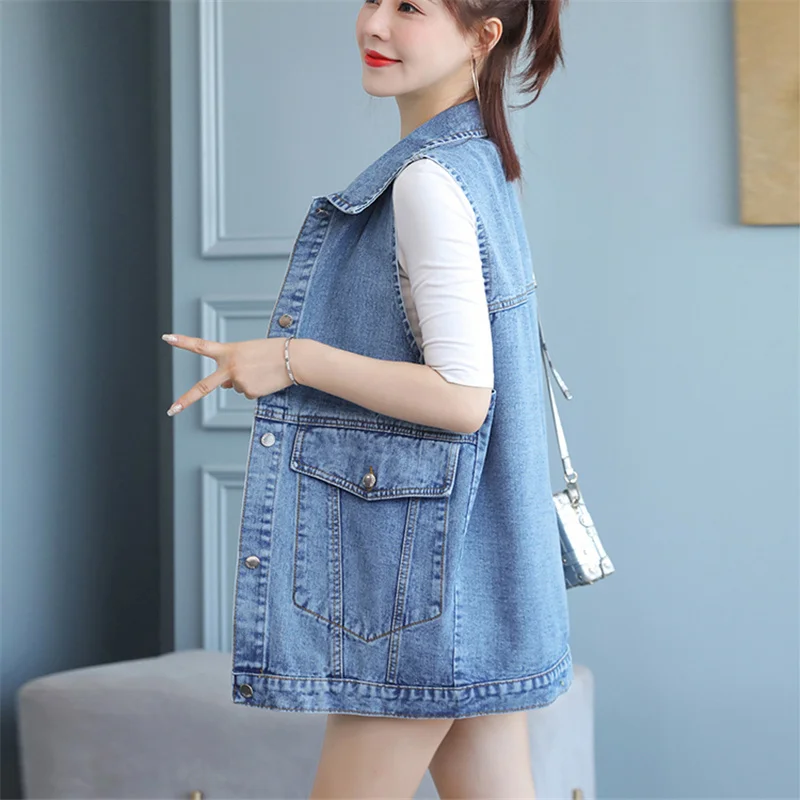 down parka Spring Autumn 2022 New Women Denim Vest Korean Loose Jeans Jacket Waistcoat Female Plus Size 4XL Casual Sleeveless Outwear Ladie black puffer coat with hood