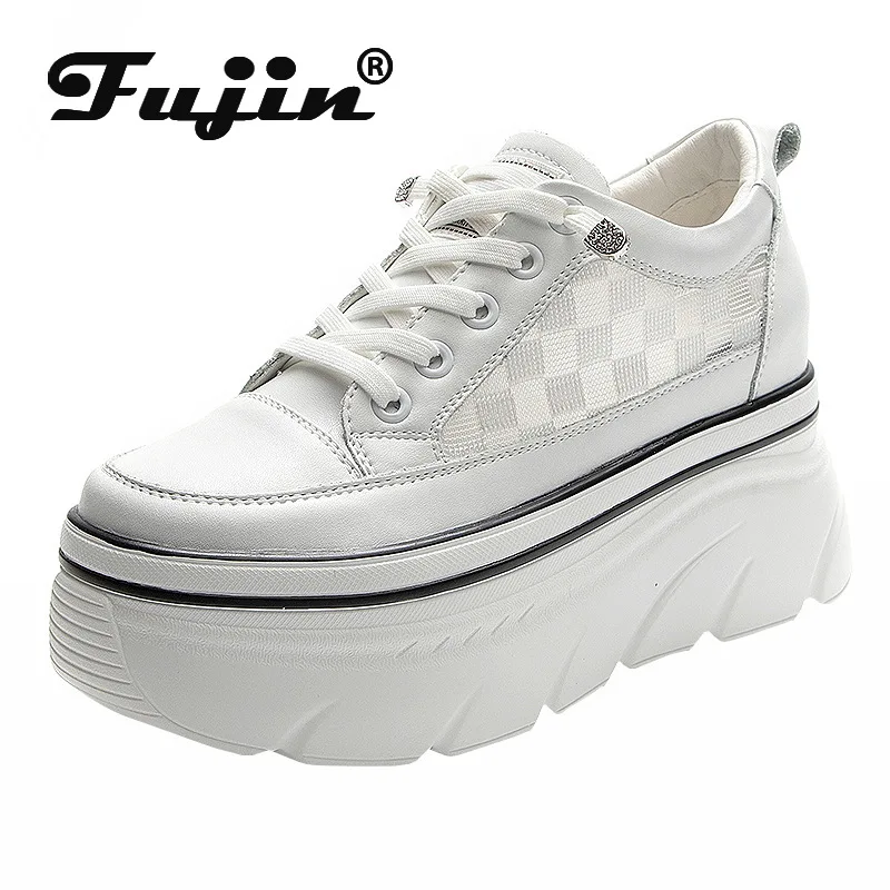 

Fujin 9cm Air Mesh Genuine Leather White Sneakers Women Platform Shoes Wedge Sneakers Hidden Heel Breathable Female Casual Shoes