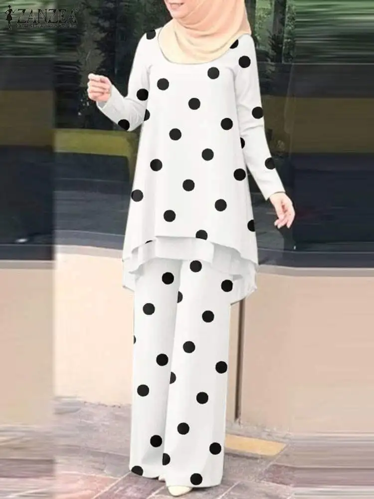 

ZANZEA Fashion Polka Dot Printed Tracksuit 2pcs Autumn Muslim Sets Women Long Sleeve Blouse Pants Sets Islamic Clothing Outifits