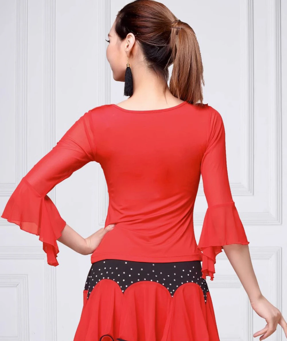 Latin Shirt Ballroom Top Solid Mesh Loose Sleeves Dance Practice Wear Flamenco T-Shirt Competition Costume Performance Clothes