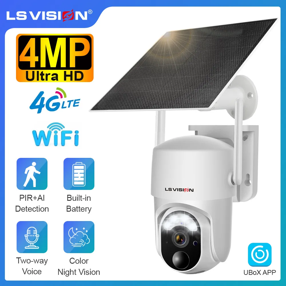 Солнечная камера LS VISION 4 МП, наружная беспроводная 4G/WiFi PTZ цветная камера ночного видения со встроенным аккумулятором, инфракрасная камера для обнаружения человека