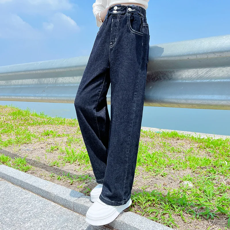 

Korean Fashion Teenage Girls Jeans Solid Blue Color Toddler Kids Wide Leg Denim Trousers Casual Children Straight Baggy Pants 16