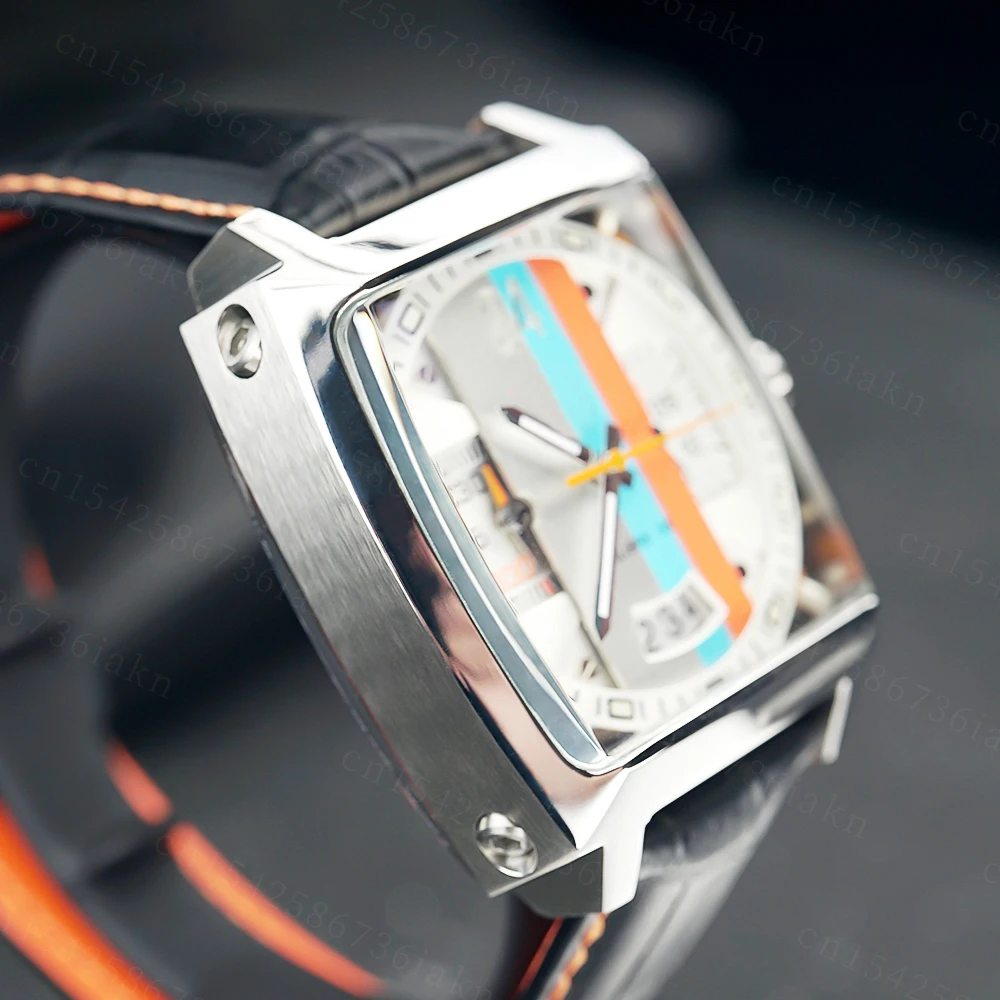 2022Fashion New Men's Color Bar Square Dial Sapphire Mirror Stainless Steel Leather Strap Sports Leisure Waterproof Quartz Watch