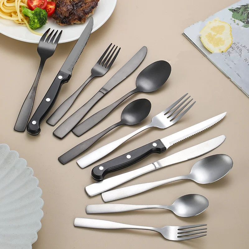 

6 Pcs Western Luxury Cutlery Set Stainless Steel Knife Fork Spoon Dinnerware Tableware for Restaurant Free Shipping to Brazil