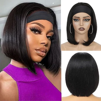 12 Inch Straight Headband Wig for Women Short Black Bob Straight Headband Wigs Synthetic Shoulder Length Hair Wigs Cosplay Use