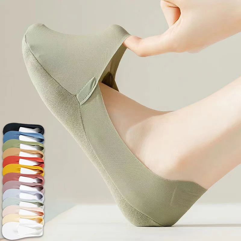 5 أزواج من الجوارب النسائية القابلة للتنفس غير المرئية من السيليكون غير قابلة للانزلاق بلون سادة جورب مريح عالي الجودة بدون عرض سوكس رفيع للغاية