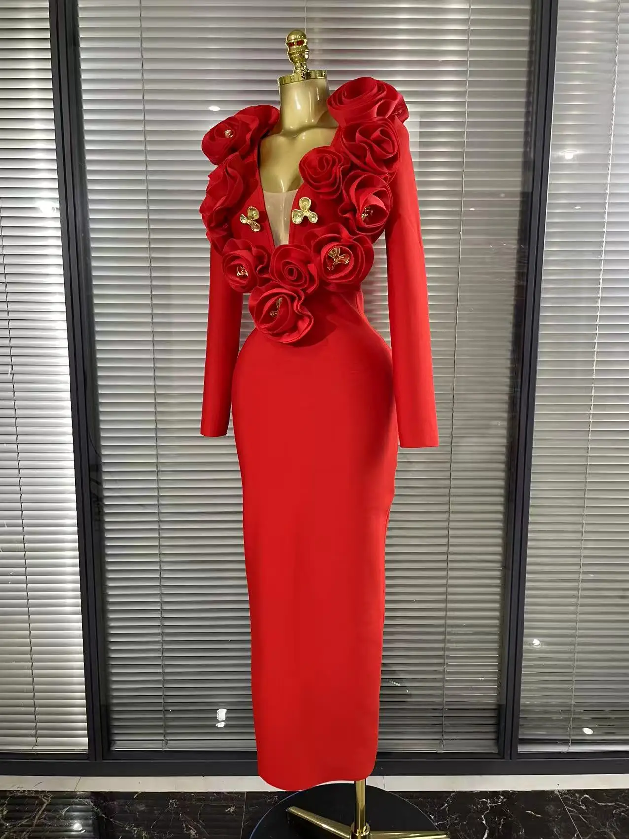 Red Black Women Long Sleeve V-Neck Florals Golden Sequined Bodycon Long Bandage  Dress Elegant Evening Party Birthday Outfit - AliExpress 200000345