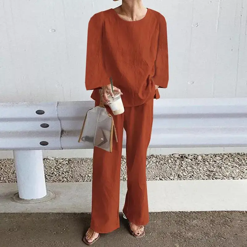 

2023 Autumn Cotton Women's Suit Black Long Sleeve Top Wide-leg Pants Suits Female Autumn Elegant Casual Loose 2 Piece Set Ladies