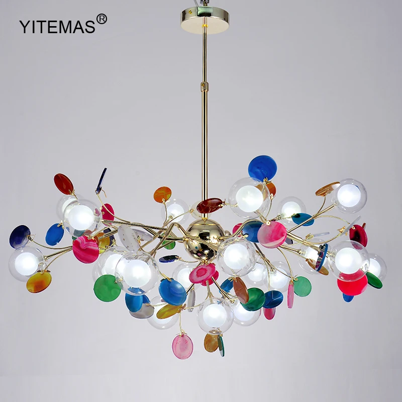 

Colorful Agate Chandelier Lighting For Living Room Bedroom Pink/Blue/Green Natural Agate Ceiling Chandeliers Gold Glass Shade