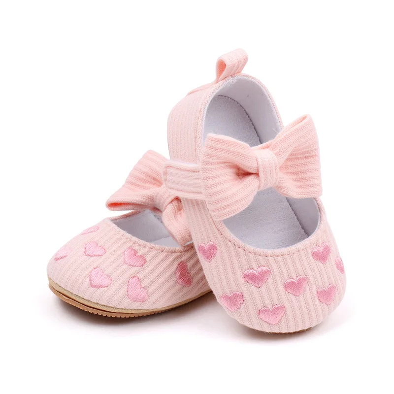 

Baby Shoes Newborn Girl Princess Knitted Fabric Toddler Shoes Heart Bow Decor Rubber Sole Anti-Slip First Walker Shoes 0-18M