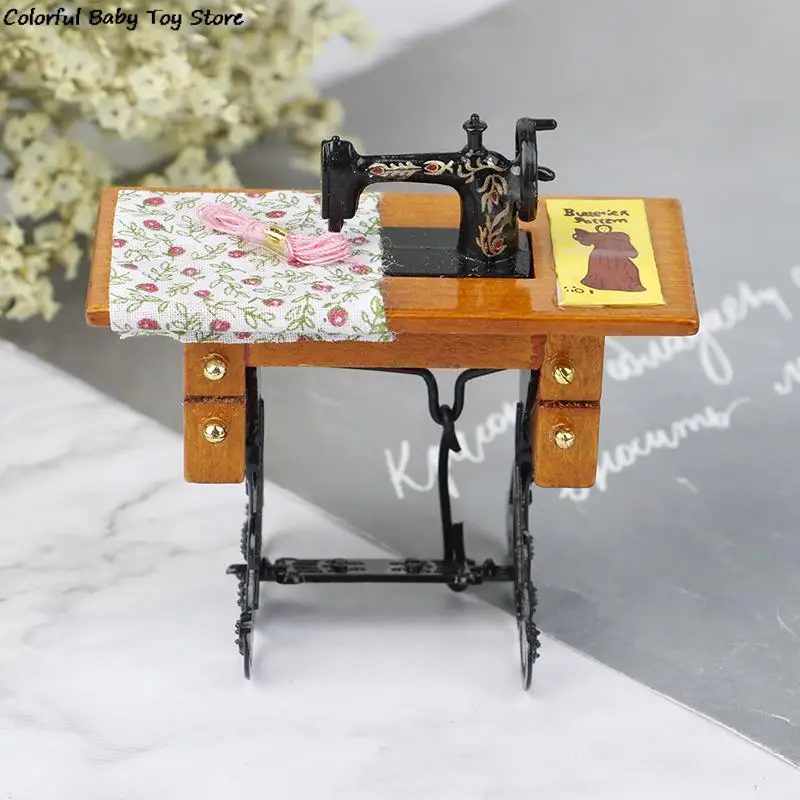 Vintage Miniature Sewing Machine With Cloth For 1/12 Scale Dollhouse