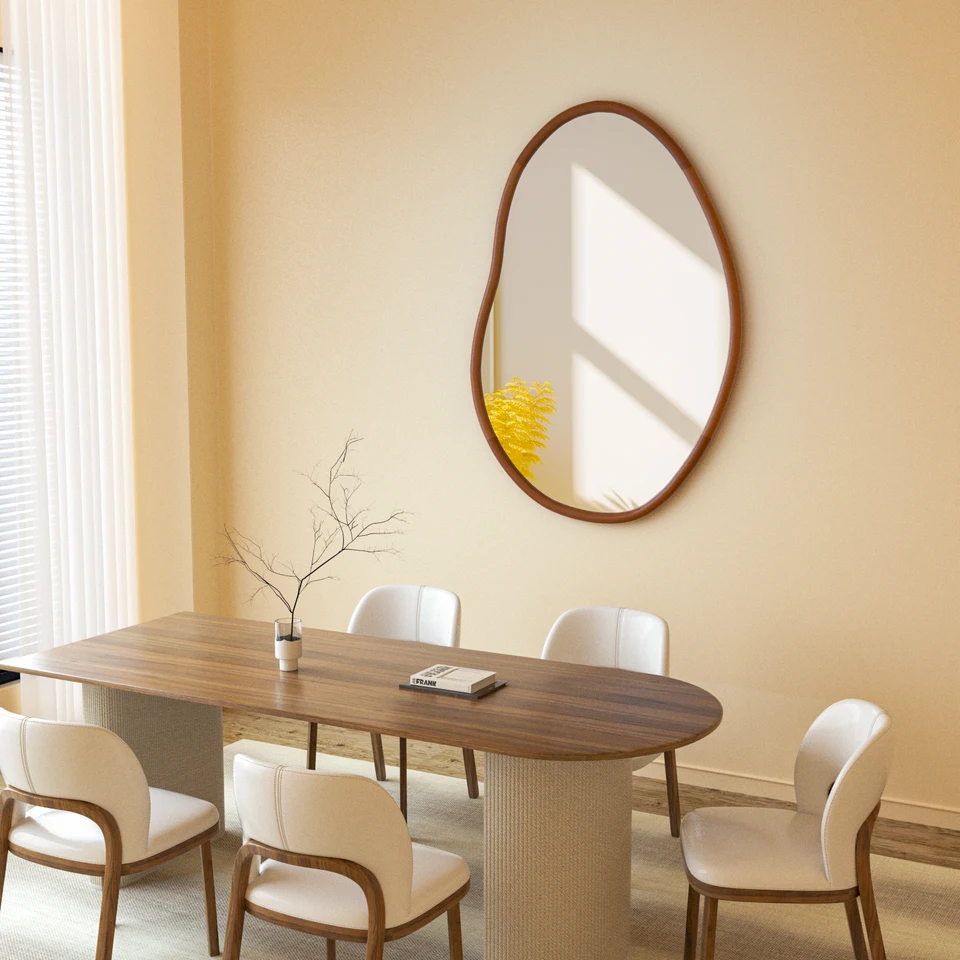 Mid Century Asymmetrical Wall Mirror with Beech Wood Frame