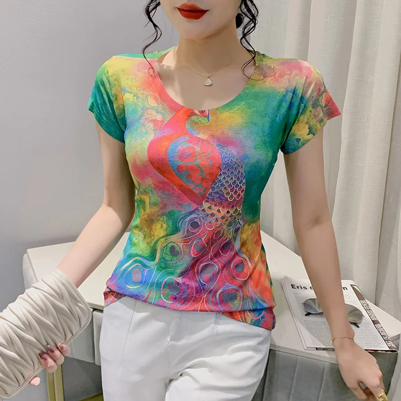 

#6629 Summer 3D Printed T Shirt Women Slim Vintage Streetwear Tshirt Korean Fashion Tee Shirt Femme Skinny Office T-shirt O-neck