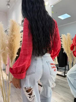 New retro embroidered letter jeans for women high waisted straight leg classic hip-hop comfortable stretch denim pants