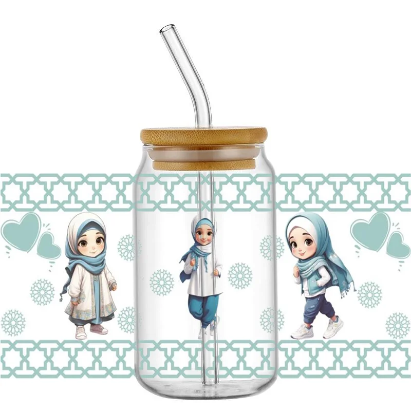 Muslims Cartoon Characters UV DTF Cup Wrap 3D Adhesive Clear Jar Bottle Stationery Washable Transfer Sticker 3d Stickers Cup Wraps Sticker Cups Uv Dtf Wrap Transfer