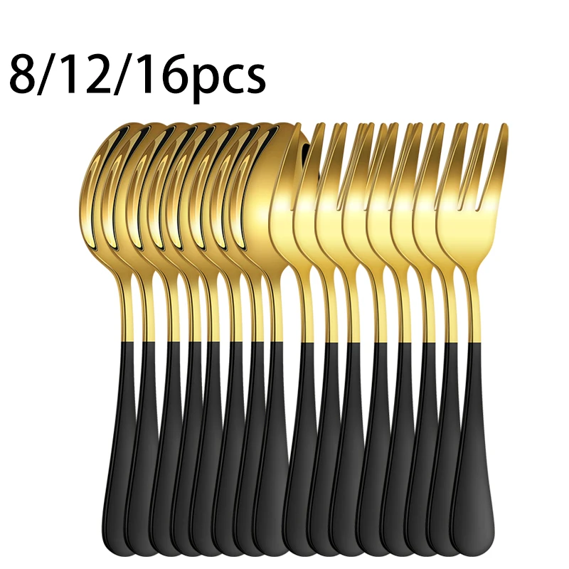 Ensemble de 8/12/16 pièces de couverts en acier inoxydable 1010 pour dessert, couleur or et noir, simple et élégant, pour café, dessert et fruits.