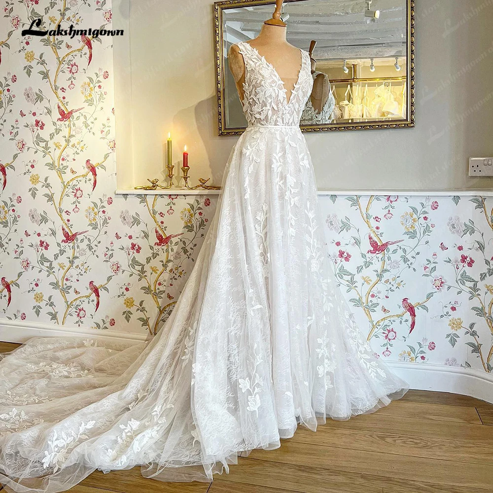 Lakshmigown V Neck Lace Appliques Boho A Line Wedding Dress with Court Train Wedding Gowns for Bride robe de mariage 3