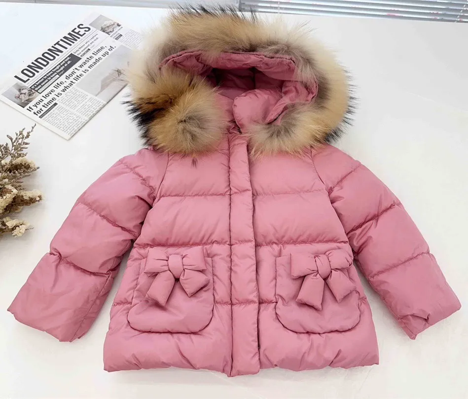 winter clothes kids coat Big fur collar girl's pink sweet down jacket Bow pocket warm down jacket
