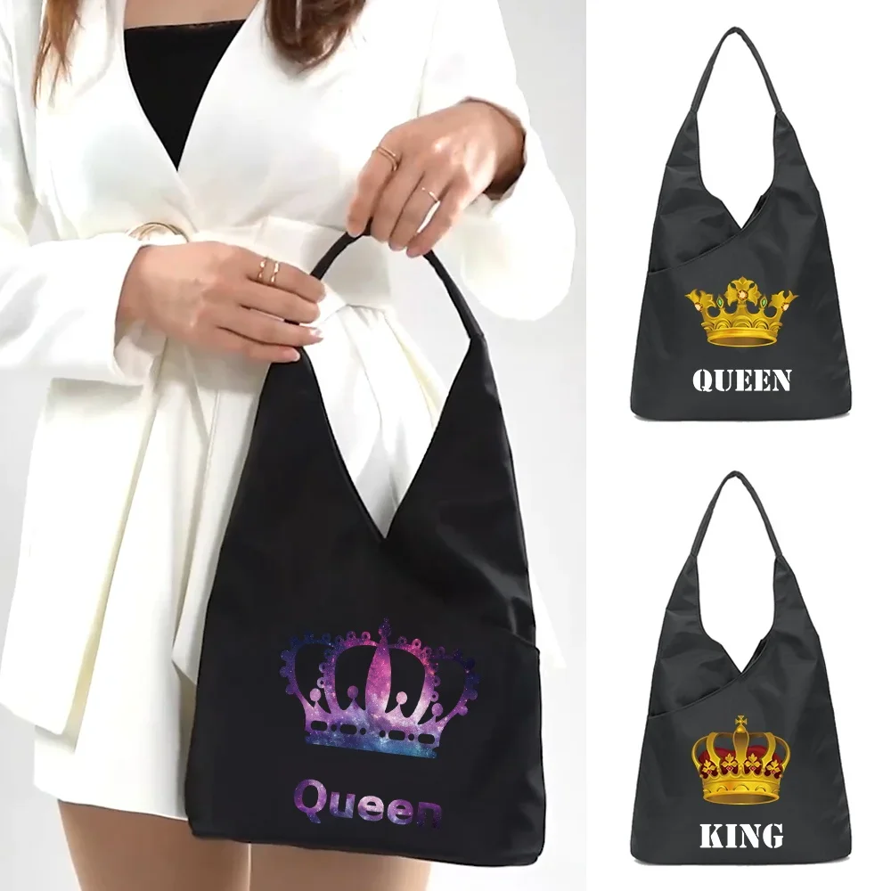 

2024 Women Queen King Print Shoulder Bag Portable Foldable Handbag Underarm Bags Travel Storage Pouch Shopping Packet Organizer