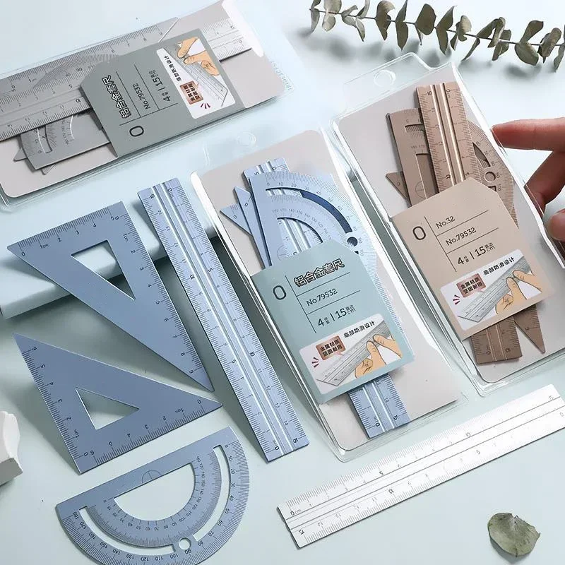 삼각형 각도기 직선 눈금자, 측정 도구, 금속 눈금자, 한국 문구, 도면 나침반, 사무용품, 4 개