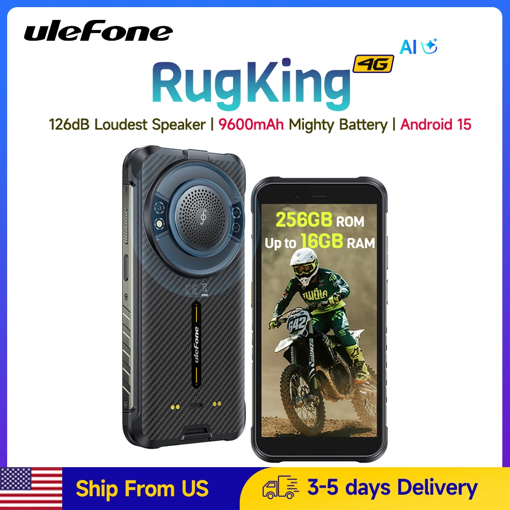 【Ship from US】Ulefone RugKing 9600mAh Up to 16GB+256GB Waterproof NFC 4G Rugged Smartphone Android 15 50MP Camera Global