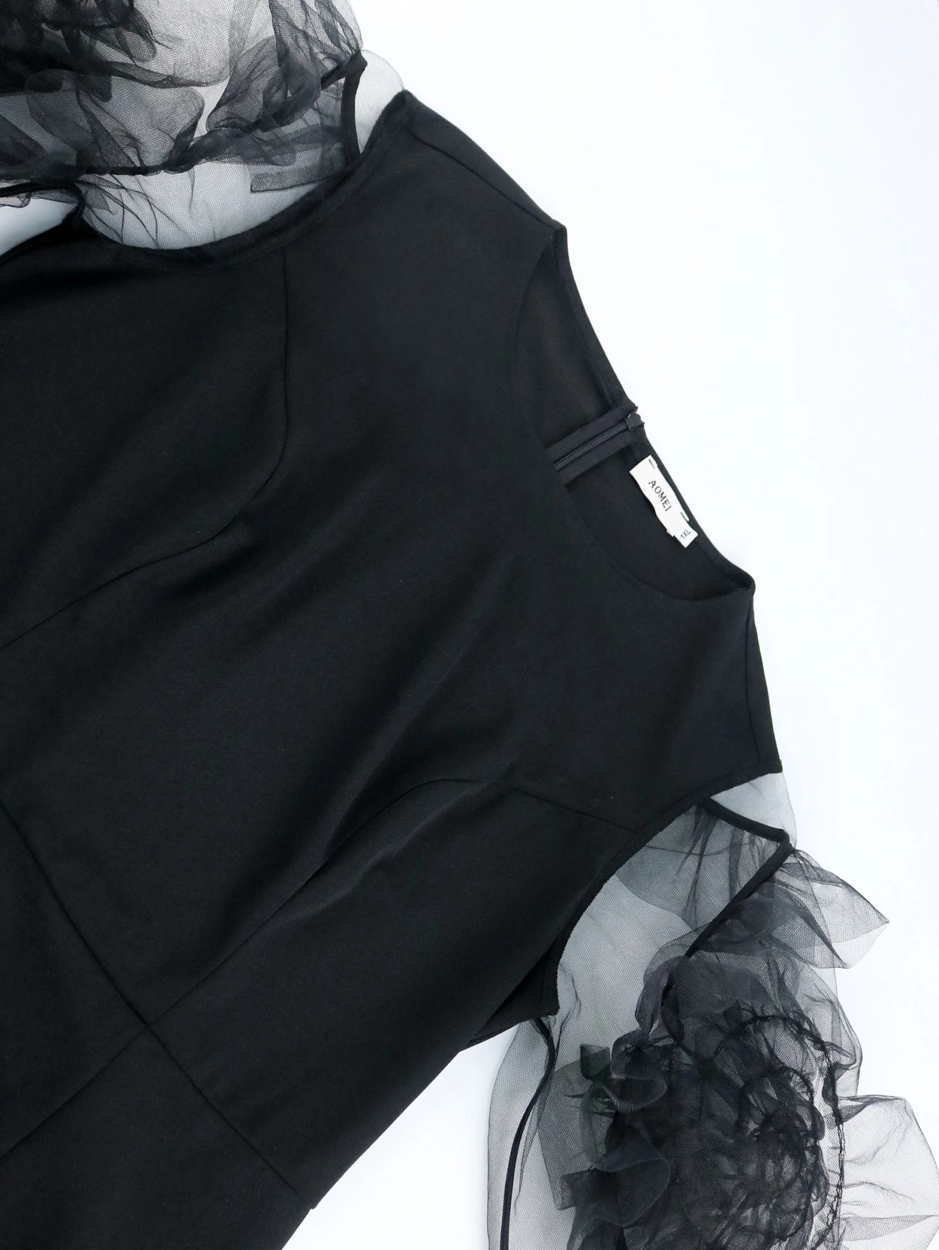 Elegante vestido preto midi feminino, manga comprida de tule com