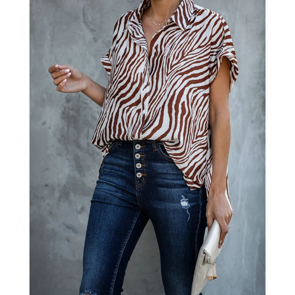 Women Summer 2023 Short-sleeved Loose Zebra Print Shirt Blouse Casual Streetwear Tops