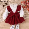 Newborn Clothes 2026 Baby Girl Outfit Set Winter White Lace Collar Top+ Bow Corduroy Red Dress Baby Christmas Clothes Sets