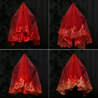 Delicate Chinese Wedding Bridal Veil With Embroidery Pattern Veil Tulle Xiuhe Clothing Sequin Full Lace Embroidery Edge Hijab