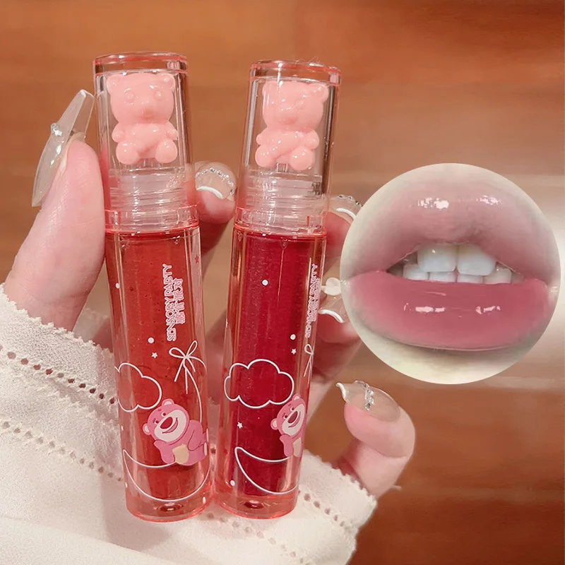 6 Color Lip Glaze Cute Little Bear Mirror Lip Gloss Water Light Nude Red Liquid Lipstick Clear Tint Makeup Transparent Glass