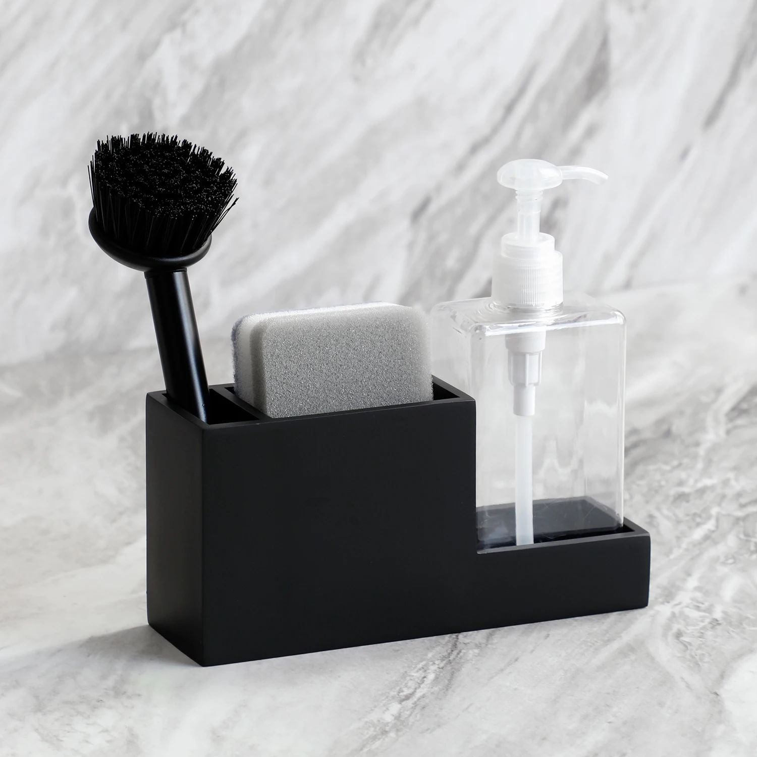 Kitchen Sink Organizer with Sponge and Brush Holder, Soap Dispenser, and Storage Compartments